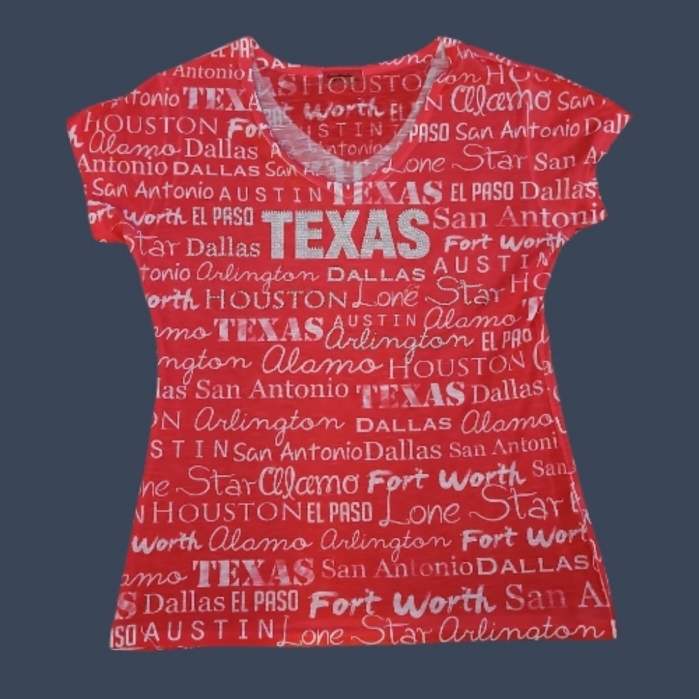 SWEET GISELE Hot Pink Bedazzled Texas Cities V-neck Top